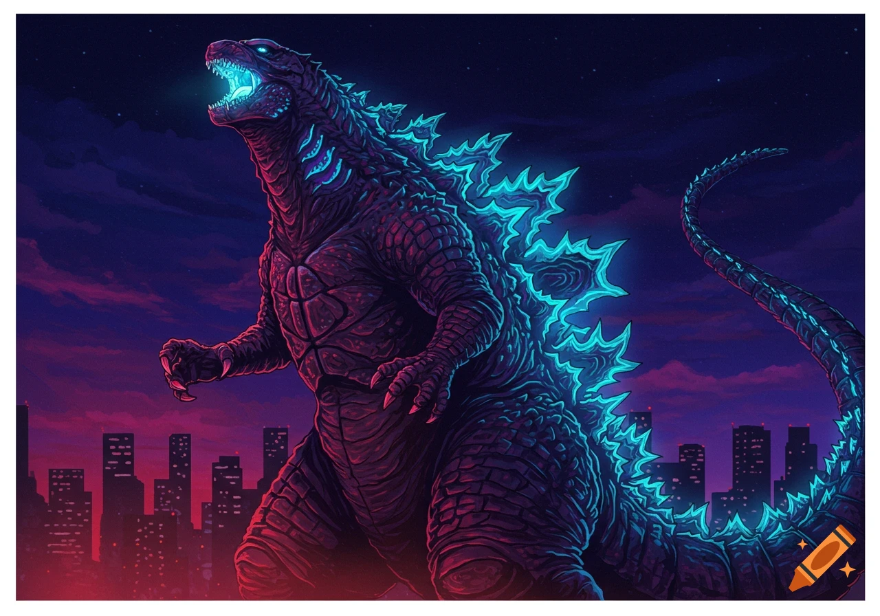 Stylized illustration of Godzilla roaring, glowing blue, over a city skyline at night.