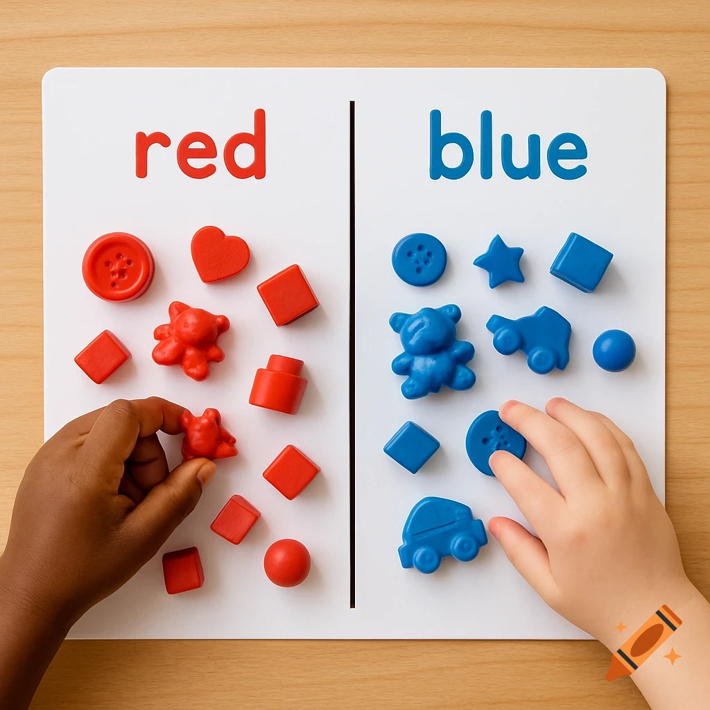 Two preschool children's hands sort red and blue objects like bears, buttons, and blocks on a mat labeled 'red' and 'blue'.