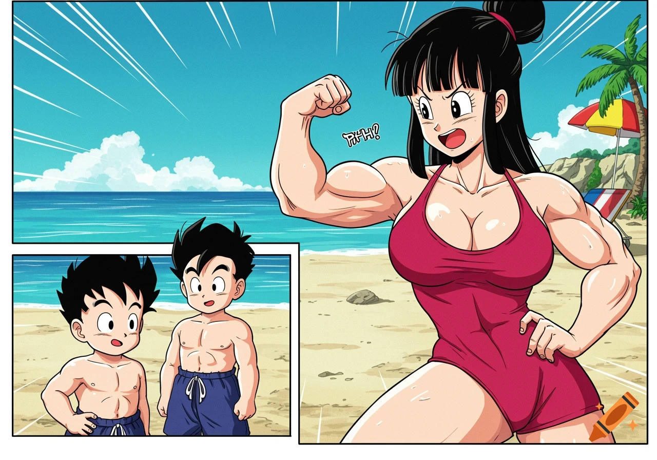 Chi-Chi flexes her large bicep for Gohan and Goten at the beach in an anime comic style.