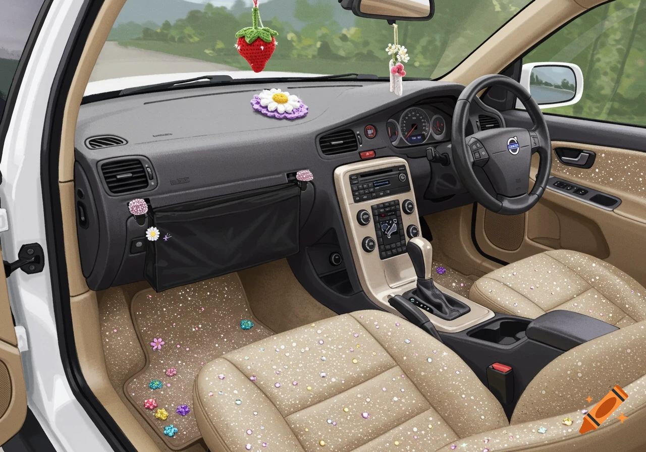 Interior of a car decorated with glitter on seats and floor mats, plus floral and strawberry ornaments.
