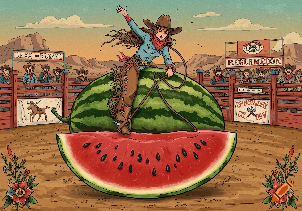 Illustration of a cowgirl riding a giant watermelon in a rodeo arena in traditional tattoo style.