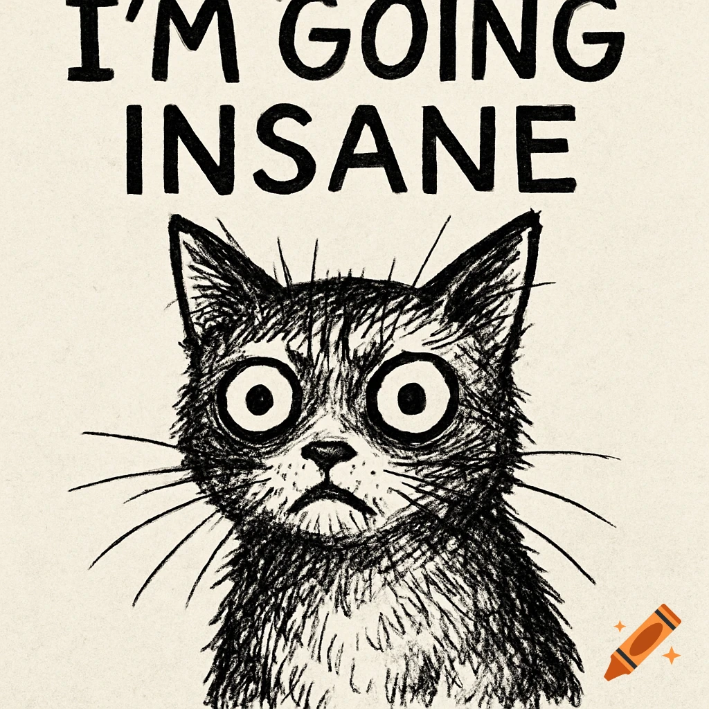 Black and white sketch of a wide-eyed cat with 'I'M GOING INSANE' above it.