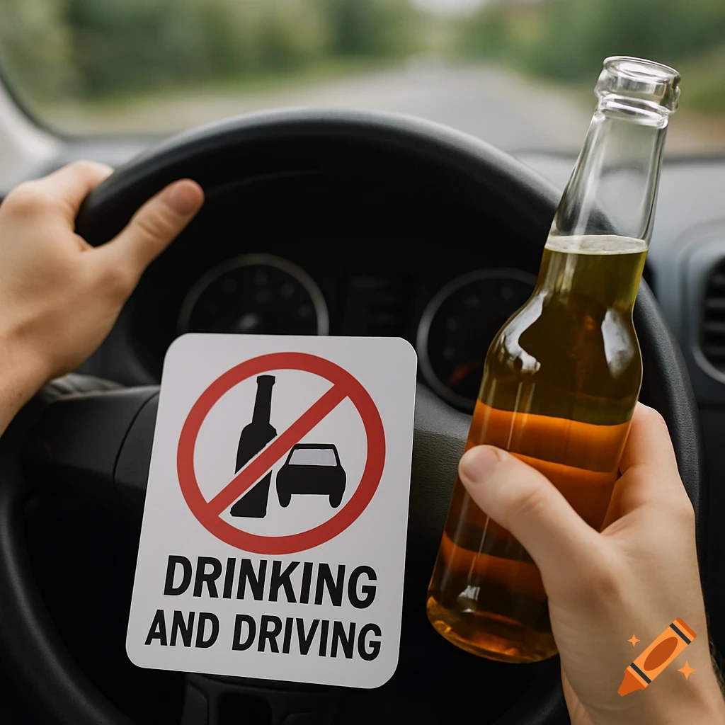 Photorealistic image of a person holding an alcohol bottle and a 'No Drinking and Driving' sign at a steering wheel