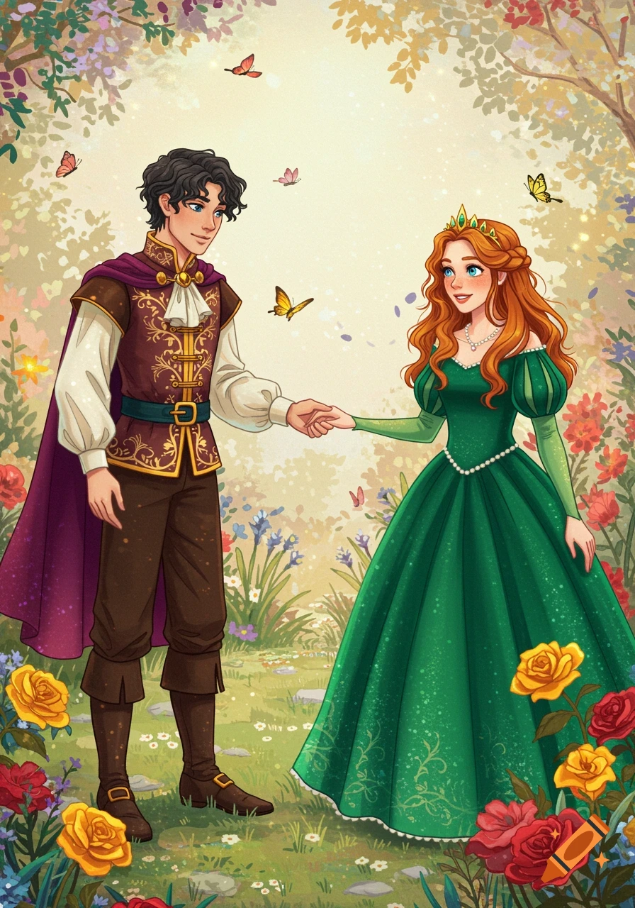A prince and princess hold hands in a vibrant flower garden. Digital illustration.