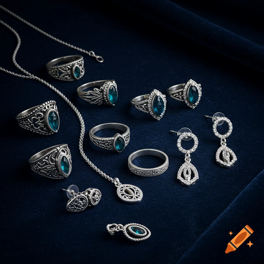 Silver rings, chains, and earrings with blue gems on a dark blue velvet background.