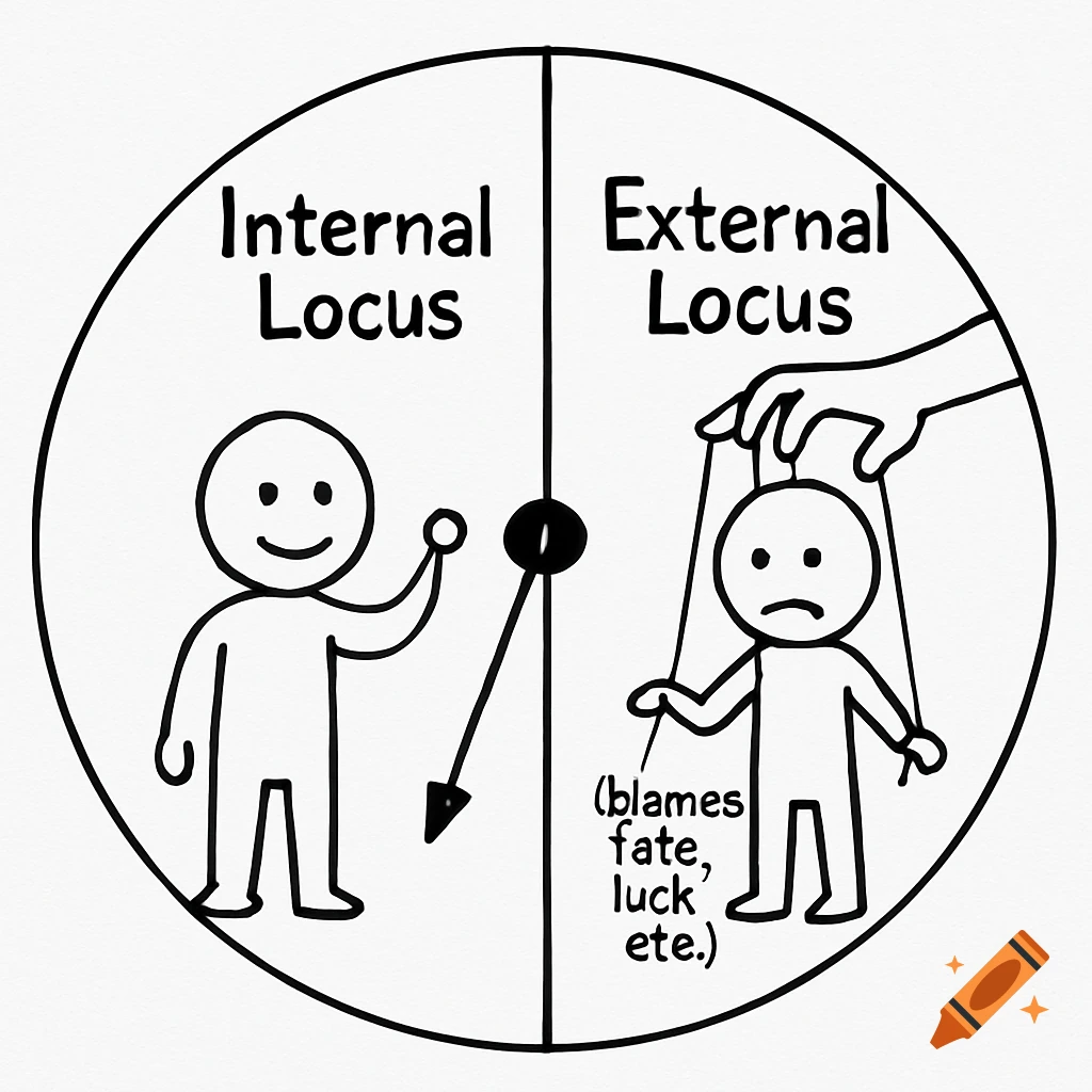 Black and white diagram illustrating Internal and External Locus of Control with stick figures and labels.