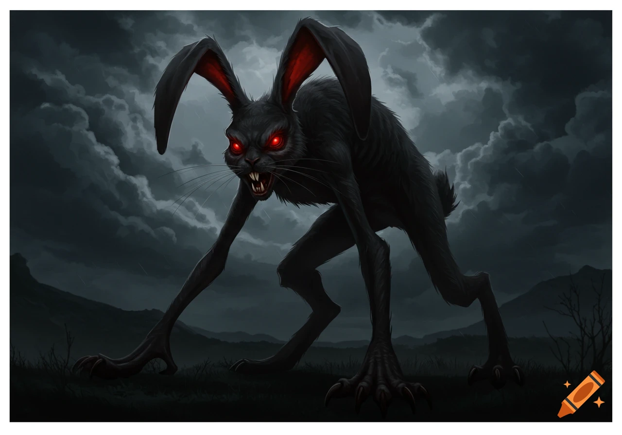 A terrifying dark rabbit creature with red eyes and sharp teeth stands ...