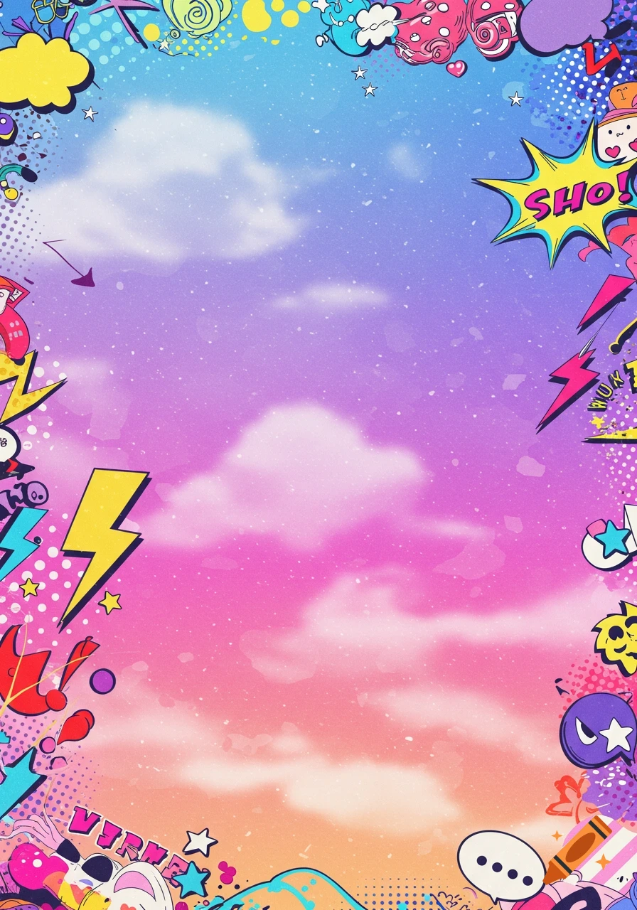 A vibrant background with a purple-pink-orange gradient sky and a border of colorful anime and pop art graphic elements.