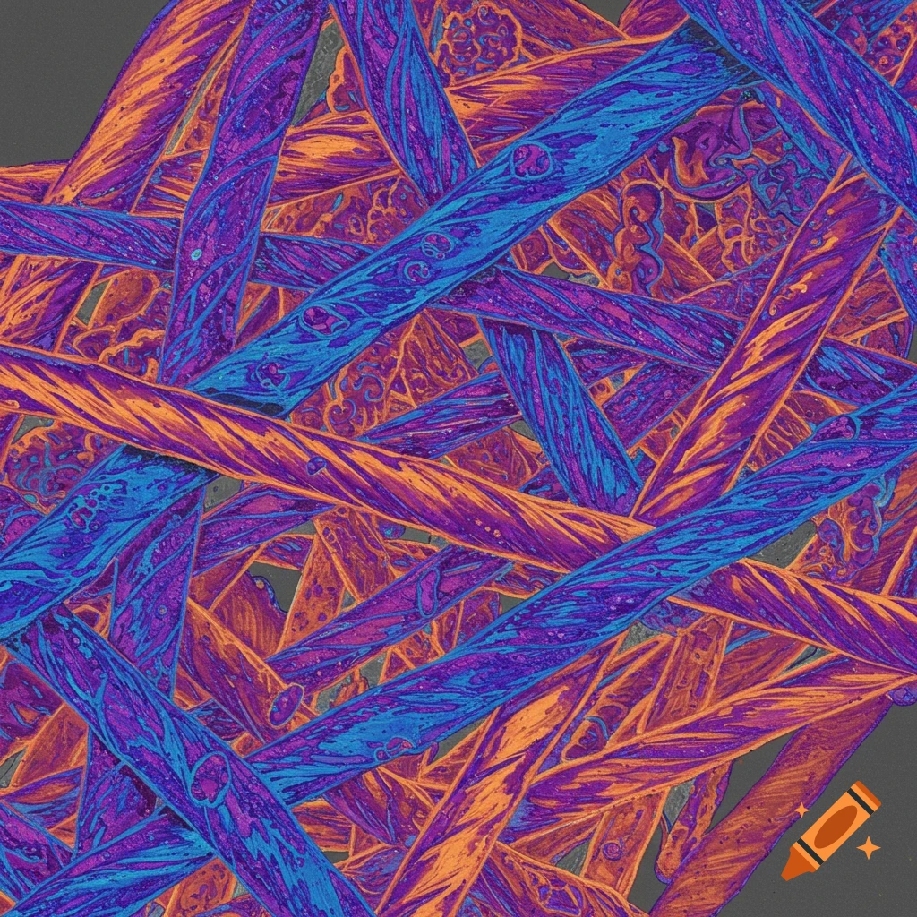 An abstract false color image of intertwined Kevlar fibers in orange, blue, and purple tones.