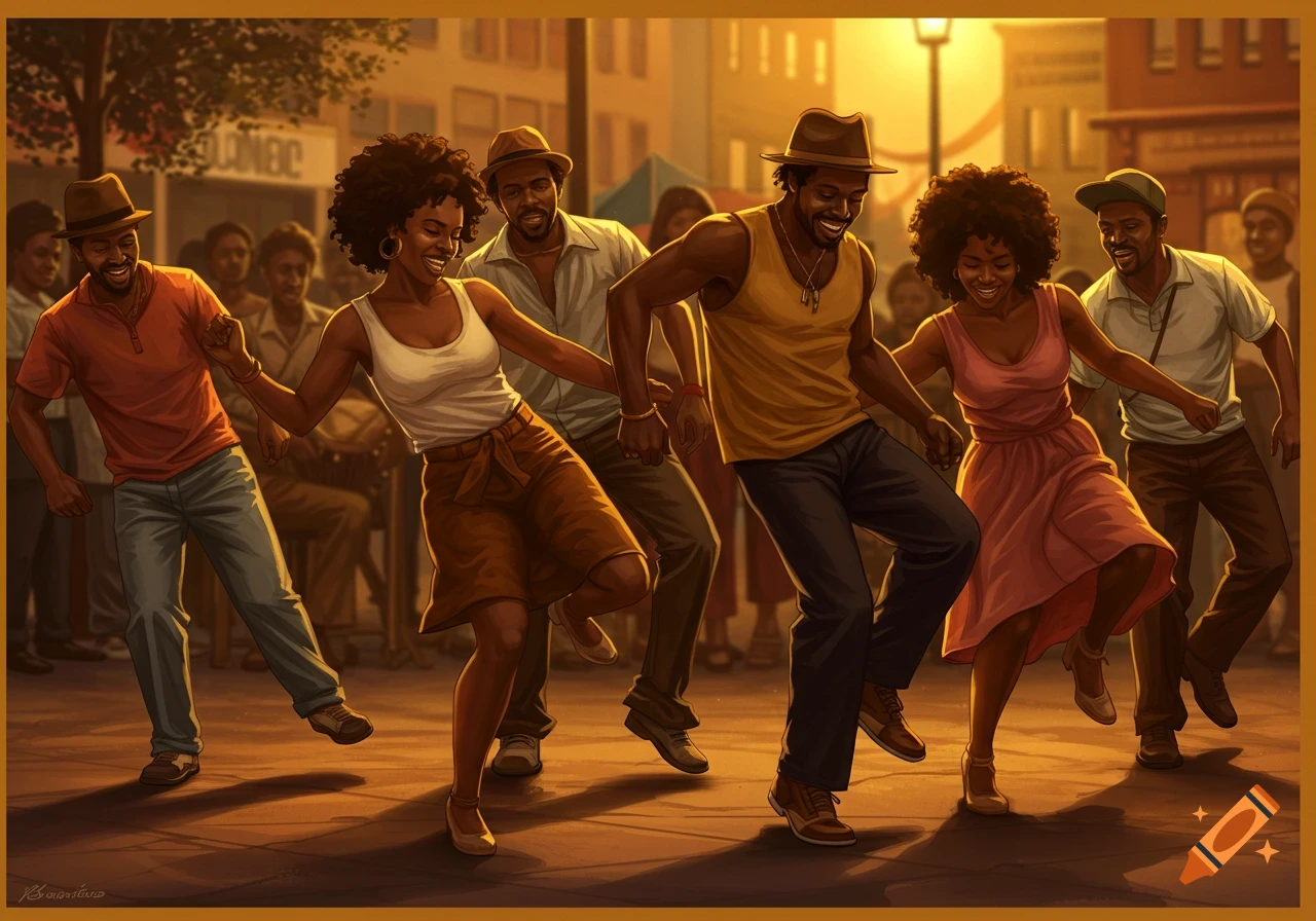 Black people line dancing in a street scene at sunset, warm painterly style