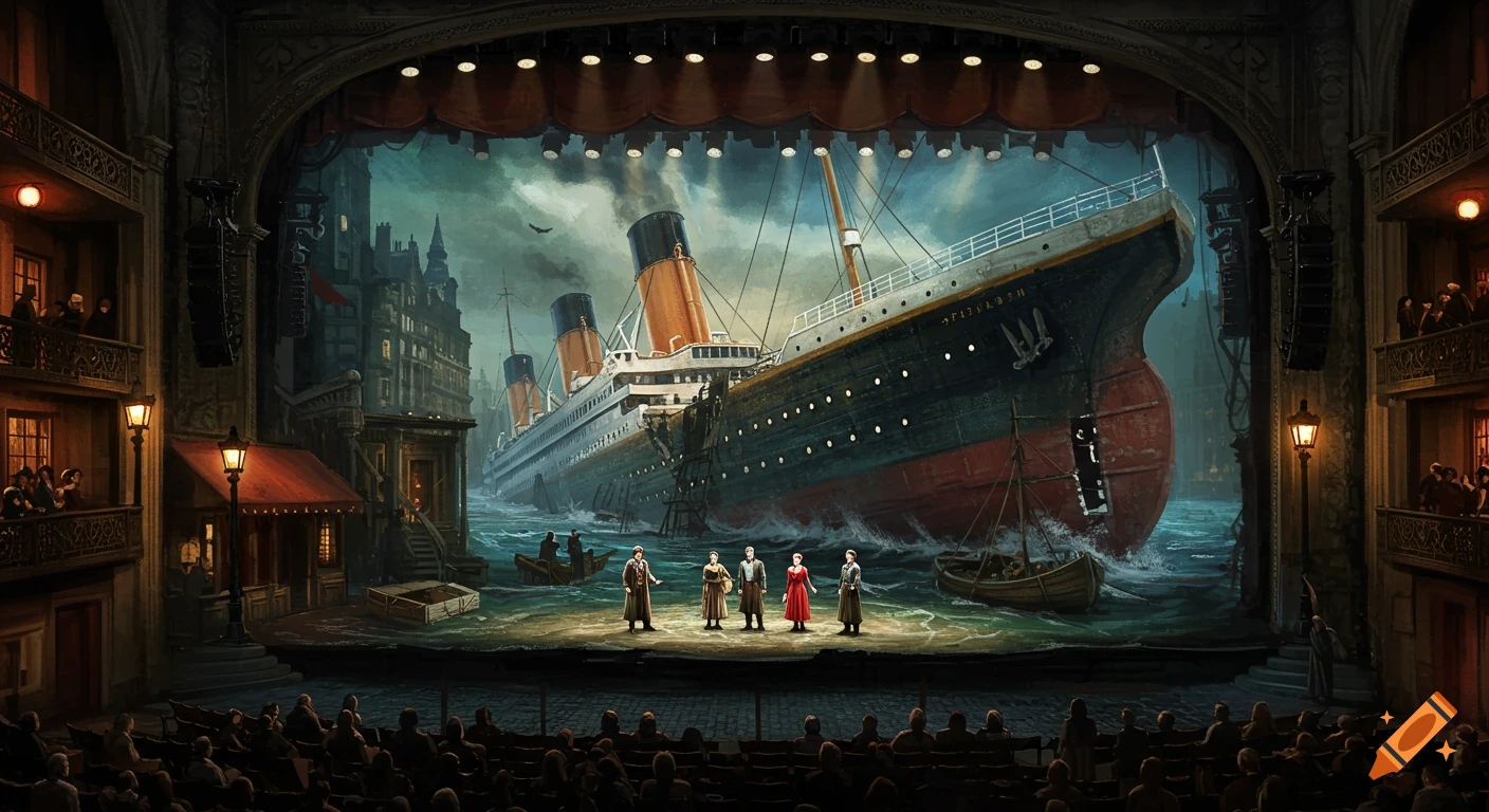 A theatrical stage set depicting the sinking Titanic with actors on stage and an audience watching from the theatre seats.