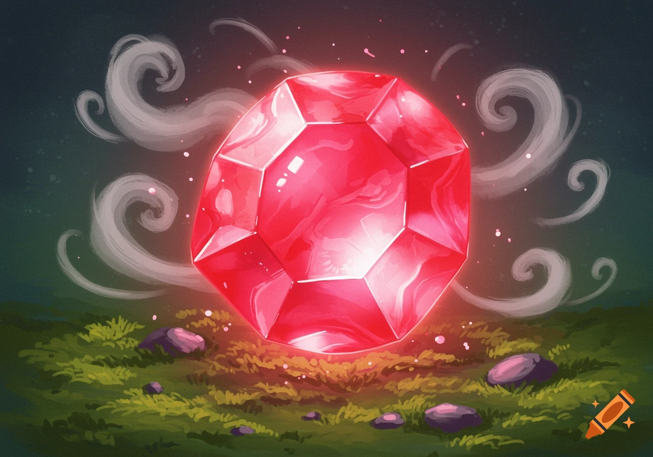 A glowing red gemstone rests on mossy ground, surrounded by wisps of magic smoke.