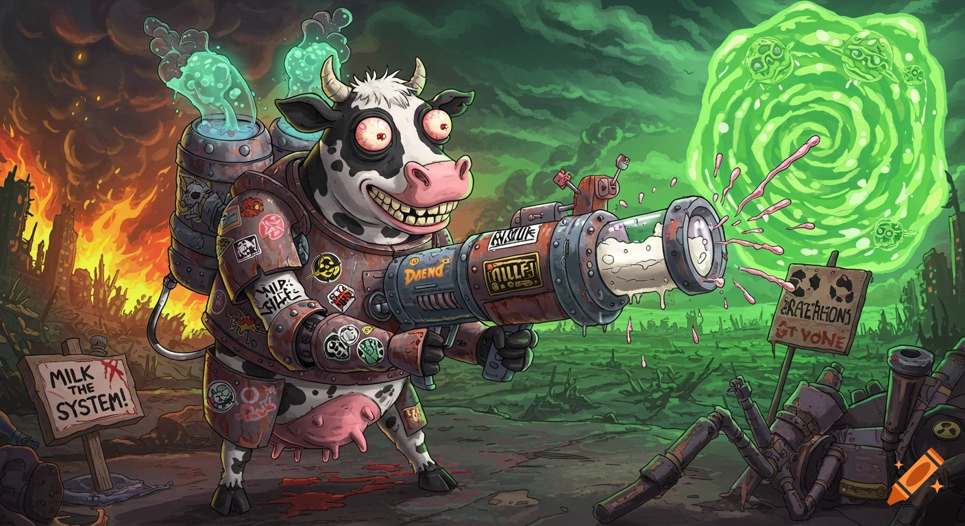 Rick and Morty-style cow in armor with a milk bazooka, chaotic burning city background with a portal.