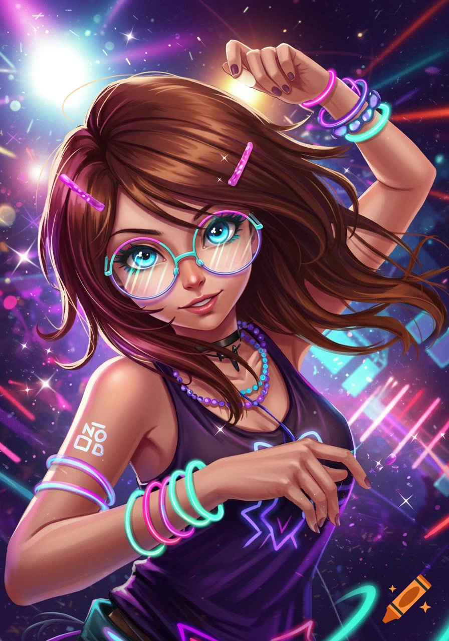 Anime girl with glasses and glow sticks dancing at a vibrant rave party, digital art.