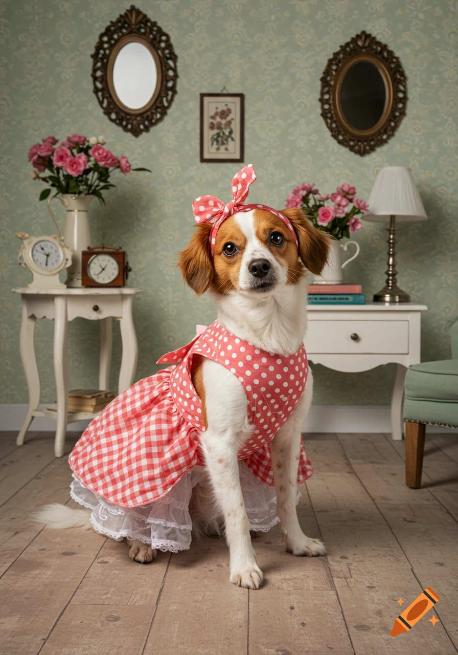 A dog wearing a red and white polka dot dress and headscarf in a ...