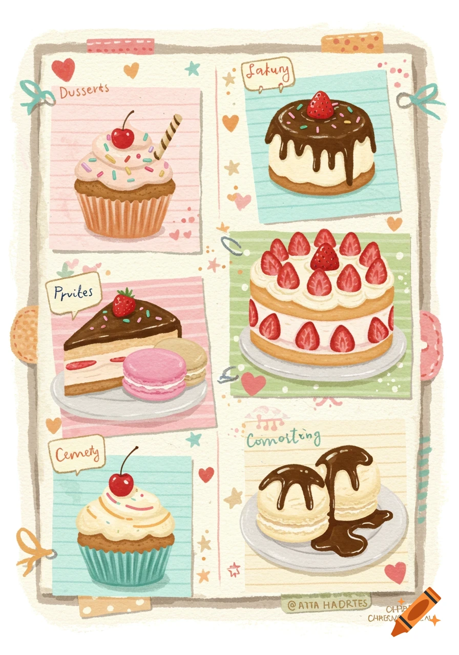 Illustrated scrapbook page with drawings of various desserts like cupcakes, cakes, and macarons.