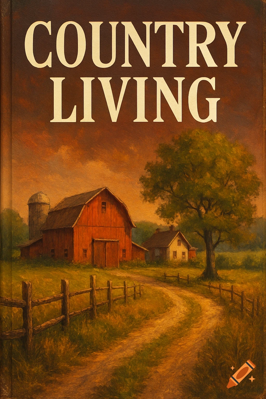 A painterly depiction of a red barn and silo in a country field with a dirt road and the text 'COUNTRY LIVING'.