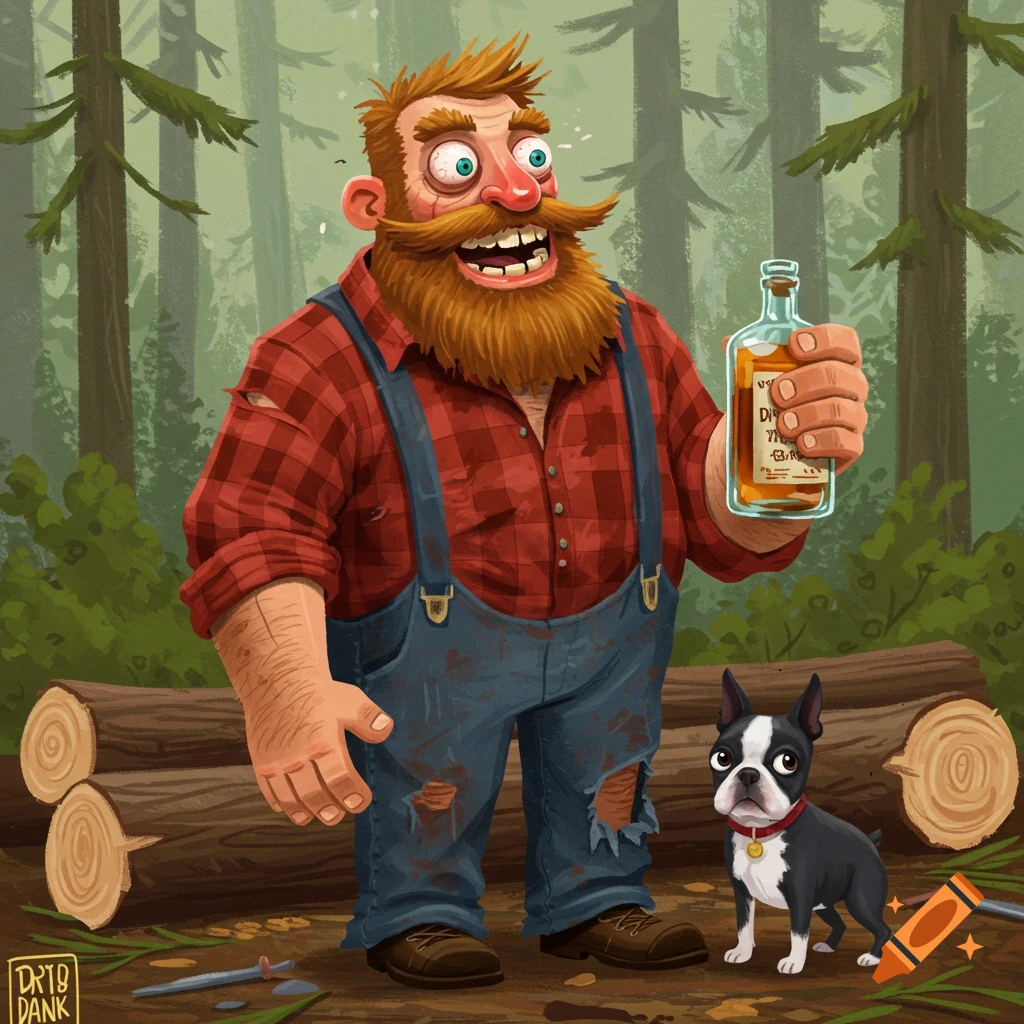 Cartoon illustration of a smiling lumberjack with a beard, holding a bottle, standing next to a Boston Terrier in a forest.