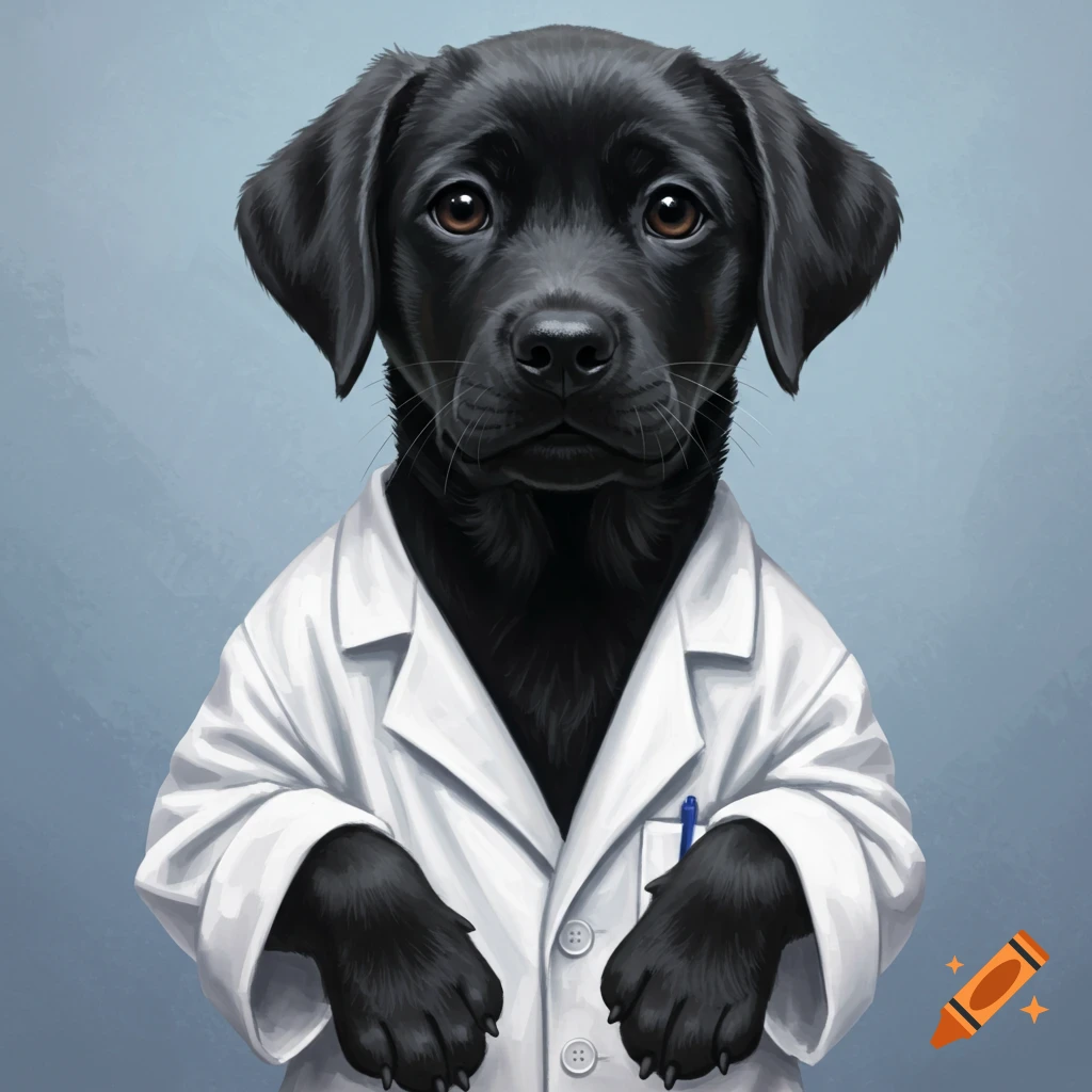 A black labrador puppy wearing a white lab coat.