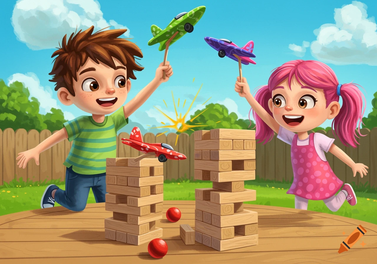 Cartoon illustration of a boy and girl playing with toy planes and Jenga towers outside.