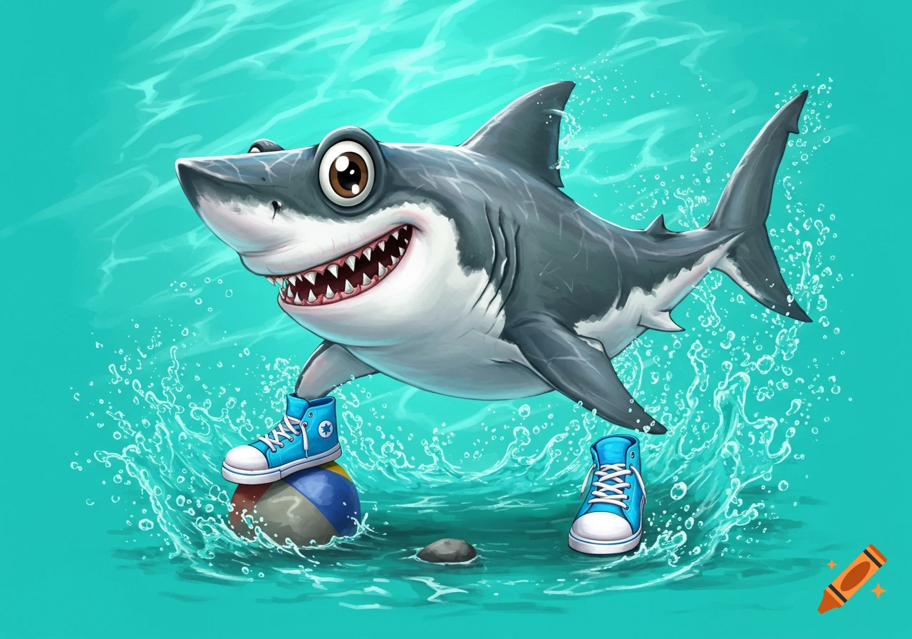 A cartoon shark in blue sneakers stands on a beach ball in the water.