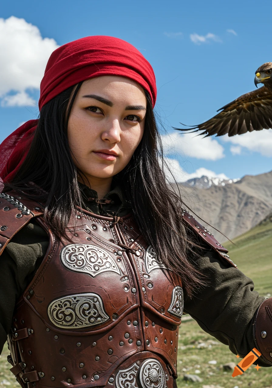 Female fantasy warrior with a red headscarf and leather armor stands with an eagle flying beside her.