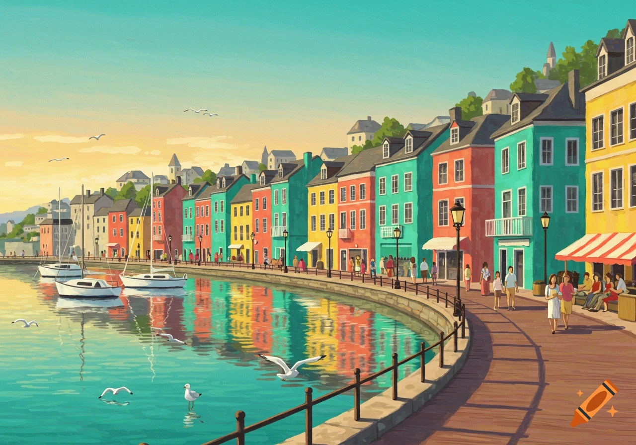 Colorful illustration of a coastal city with boats and people along the waterfront.