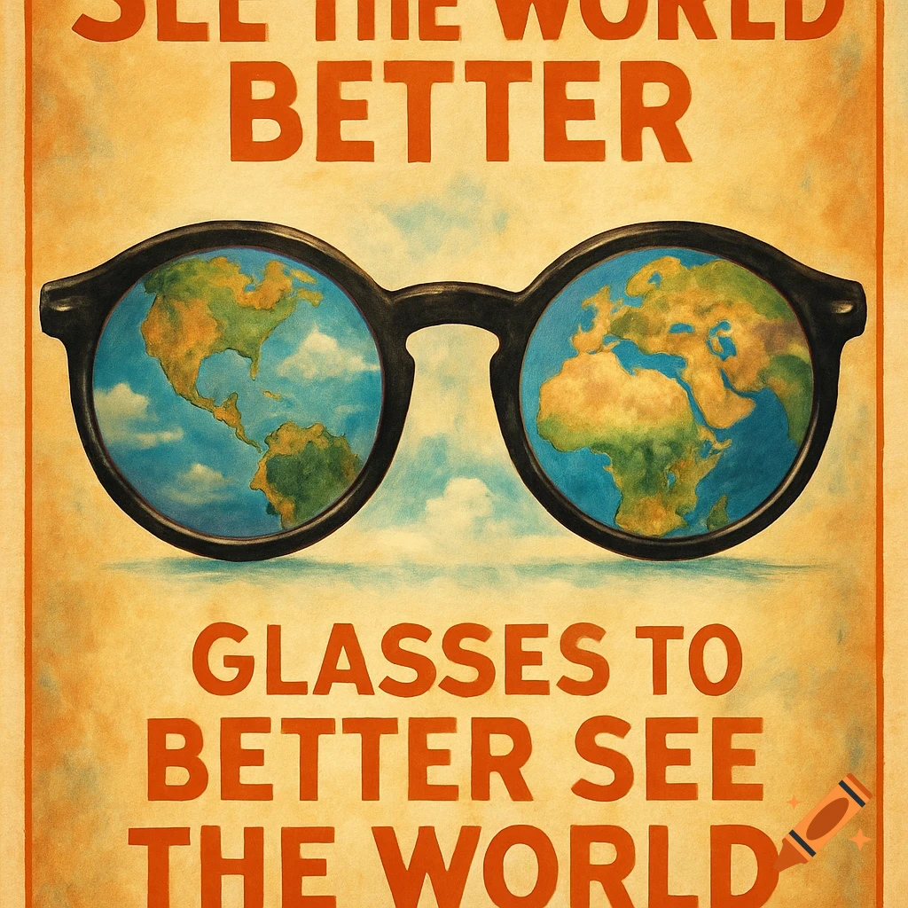 Vintage style poster with glasses reflecting maps of the Earth and text 'See the World Better'.