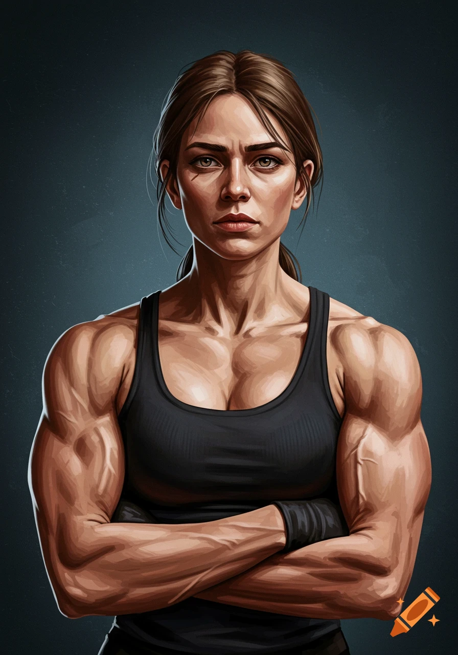 Muscular woman with arms crossed, intense gaze, wearing a black tank top