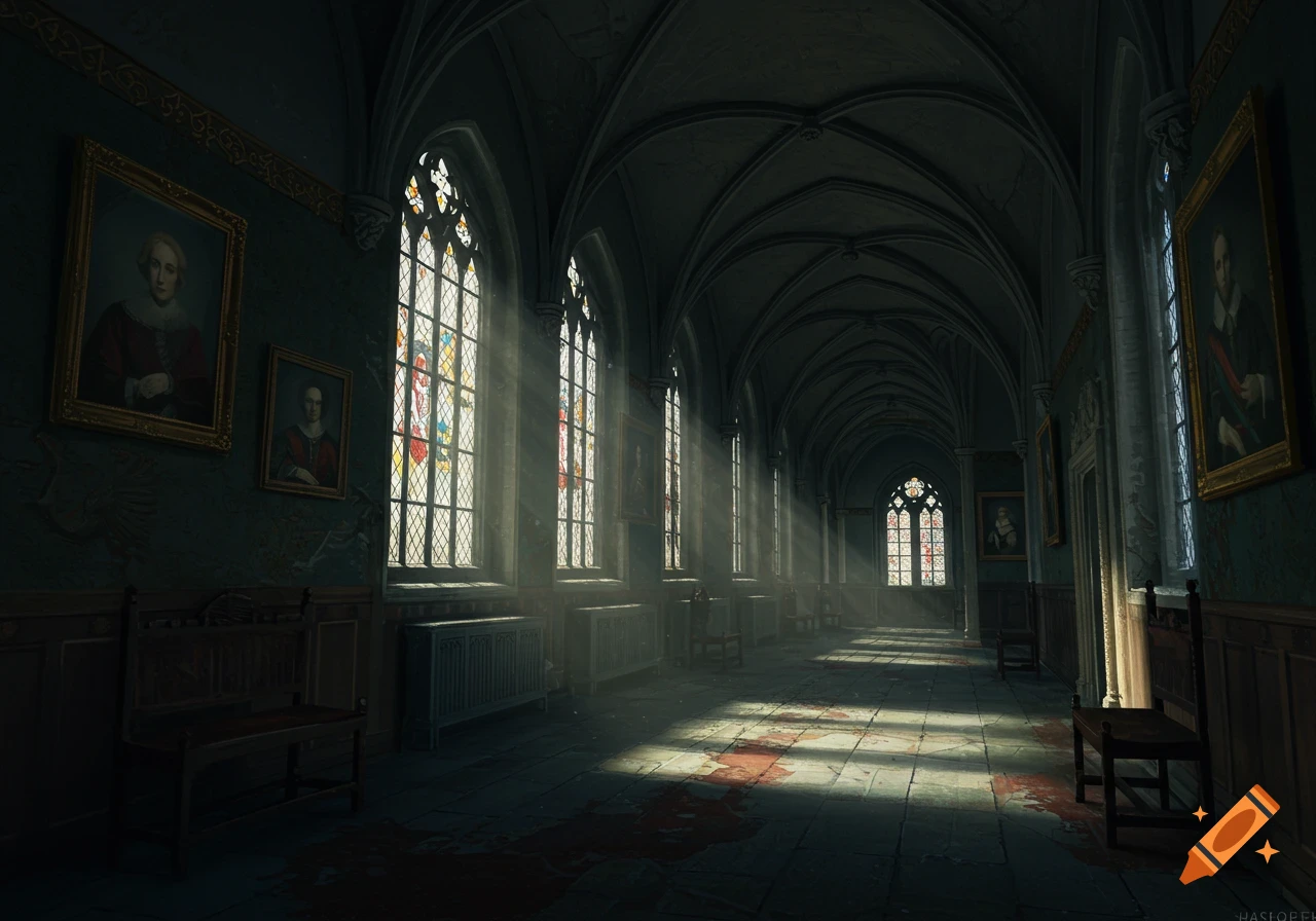 Atmospheric Gothic castle hallway with sunlight streaming through stained glass windows, portraits on walls, and bloodstains on the floor.