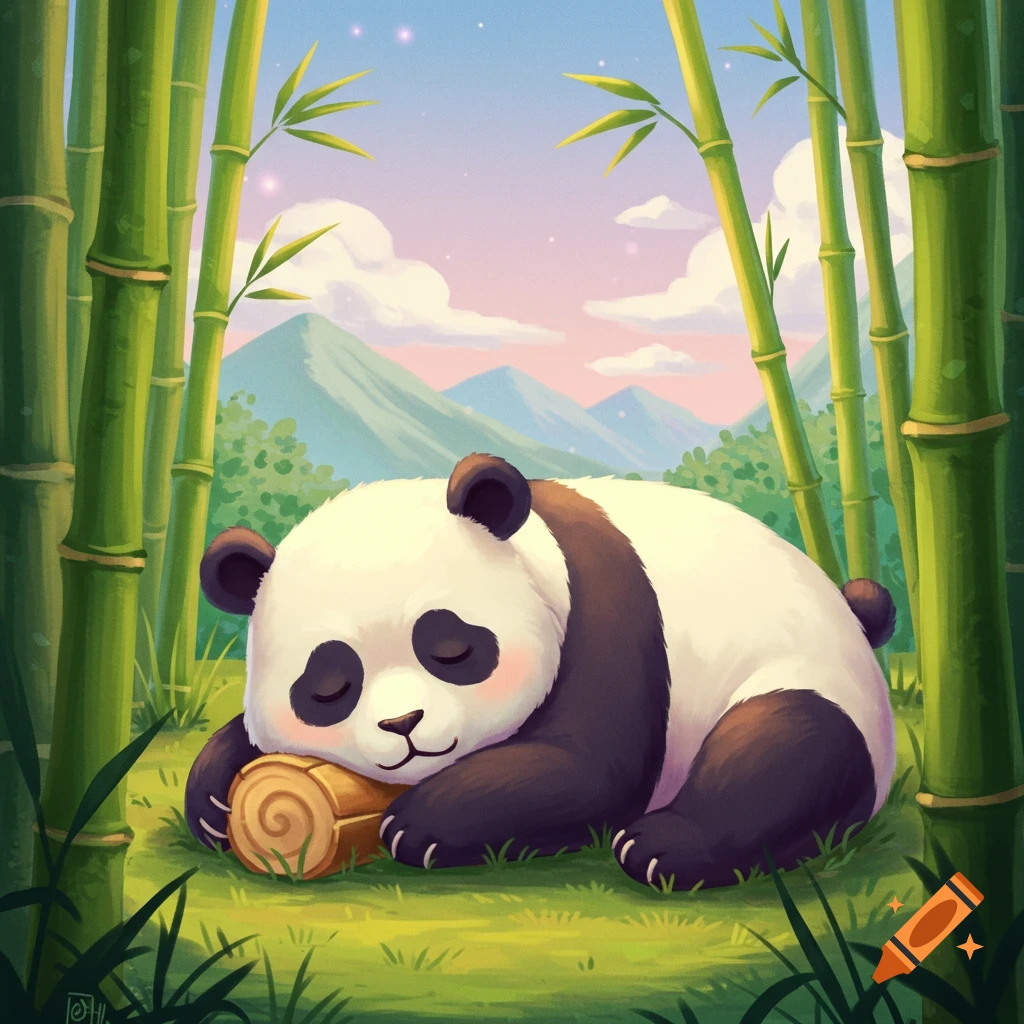 Cute illustration of a sleeping panda hugging a log in a bamboo forest
