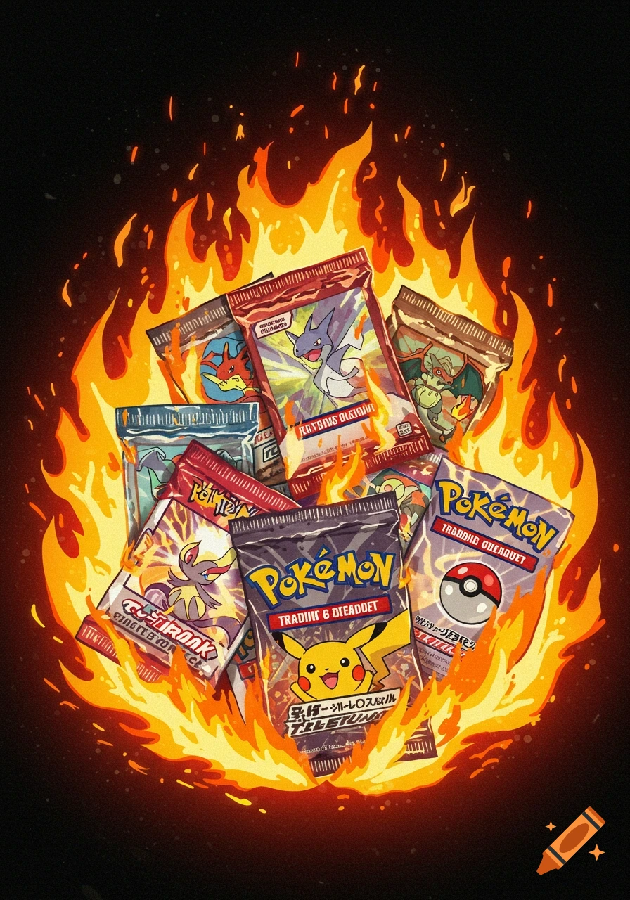Cartoon illustration of Pokémon trading card packs burning in bright flames.