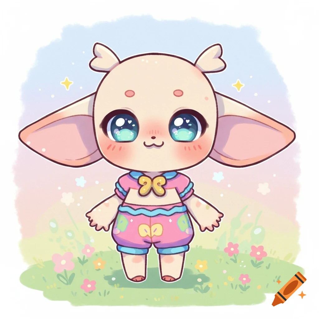 A cute chibi creature with big eyes and large ears stands in a field of ...