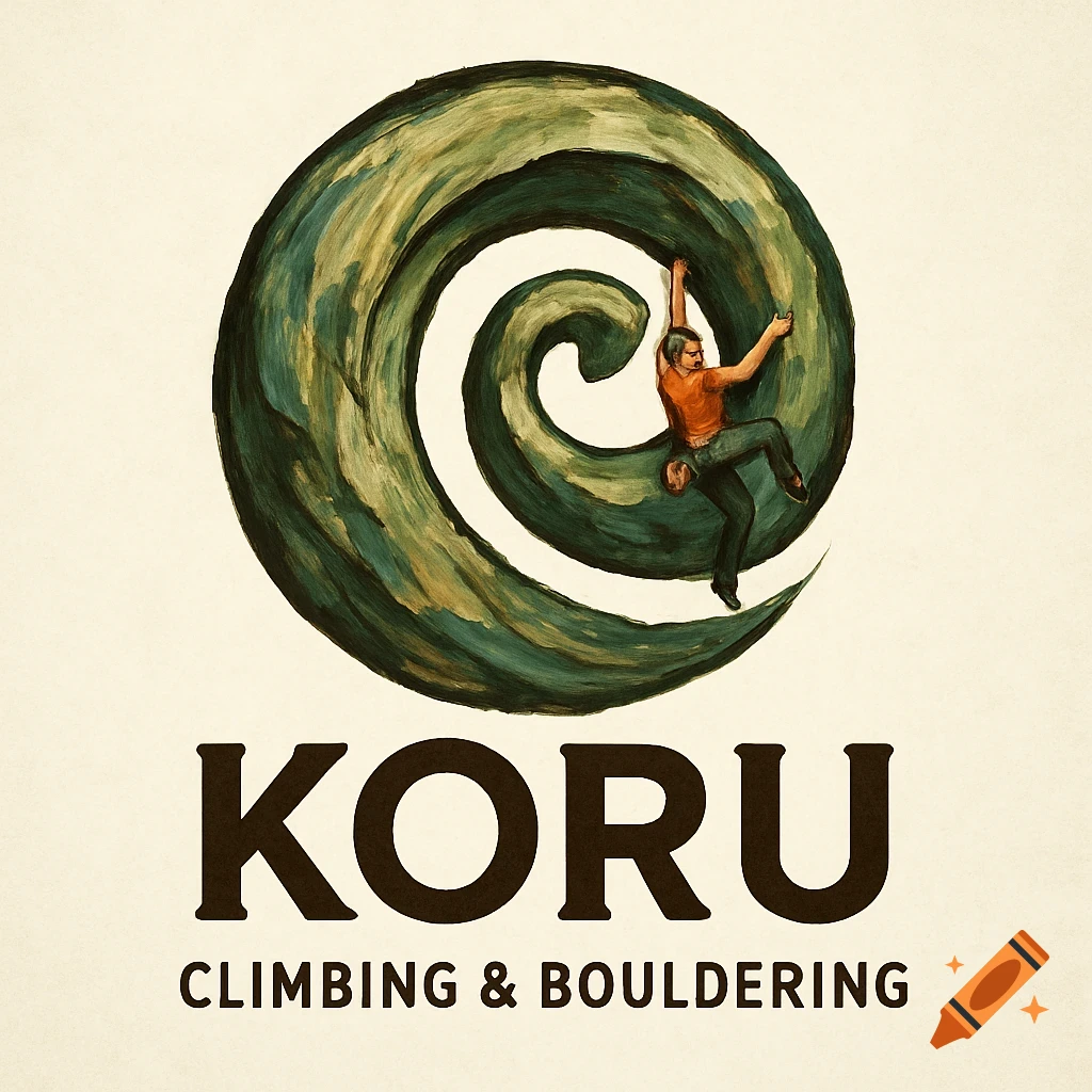 Stylized logo with a person climbing a green spiral, text reads 'KORU CLIMBING & BOULDERING'