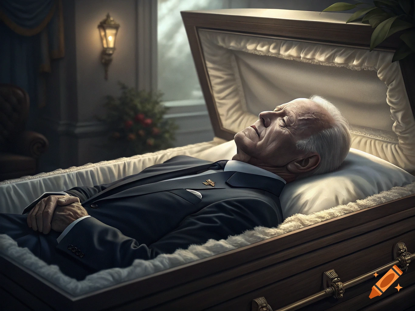 Photorealistic portrait of Joe Biden lying in a coffin at a funeral.