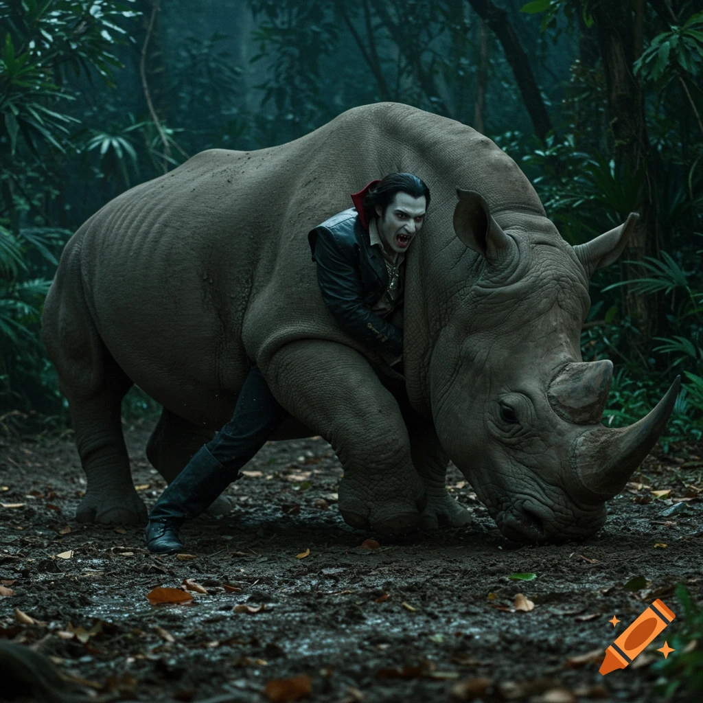 A photorealistic image of a vampire wrestling a rhinoceros in a dark jungle.