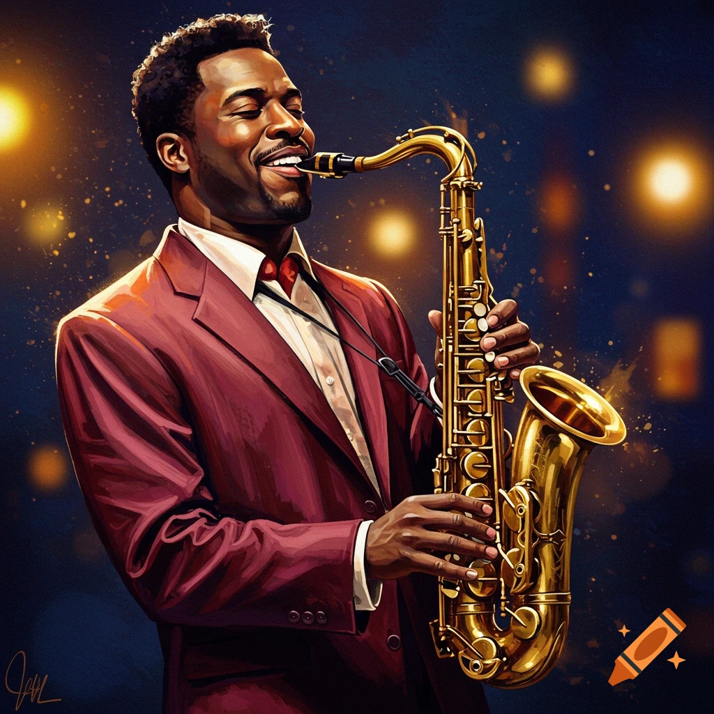 A Black man in a suit playing a saxophone on a stage with bokeh lights.