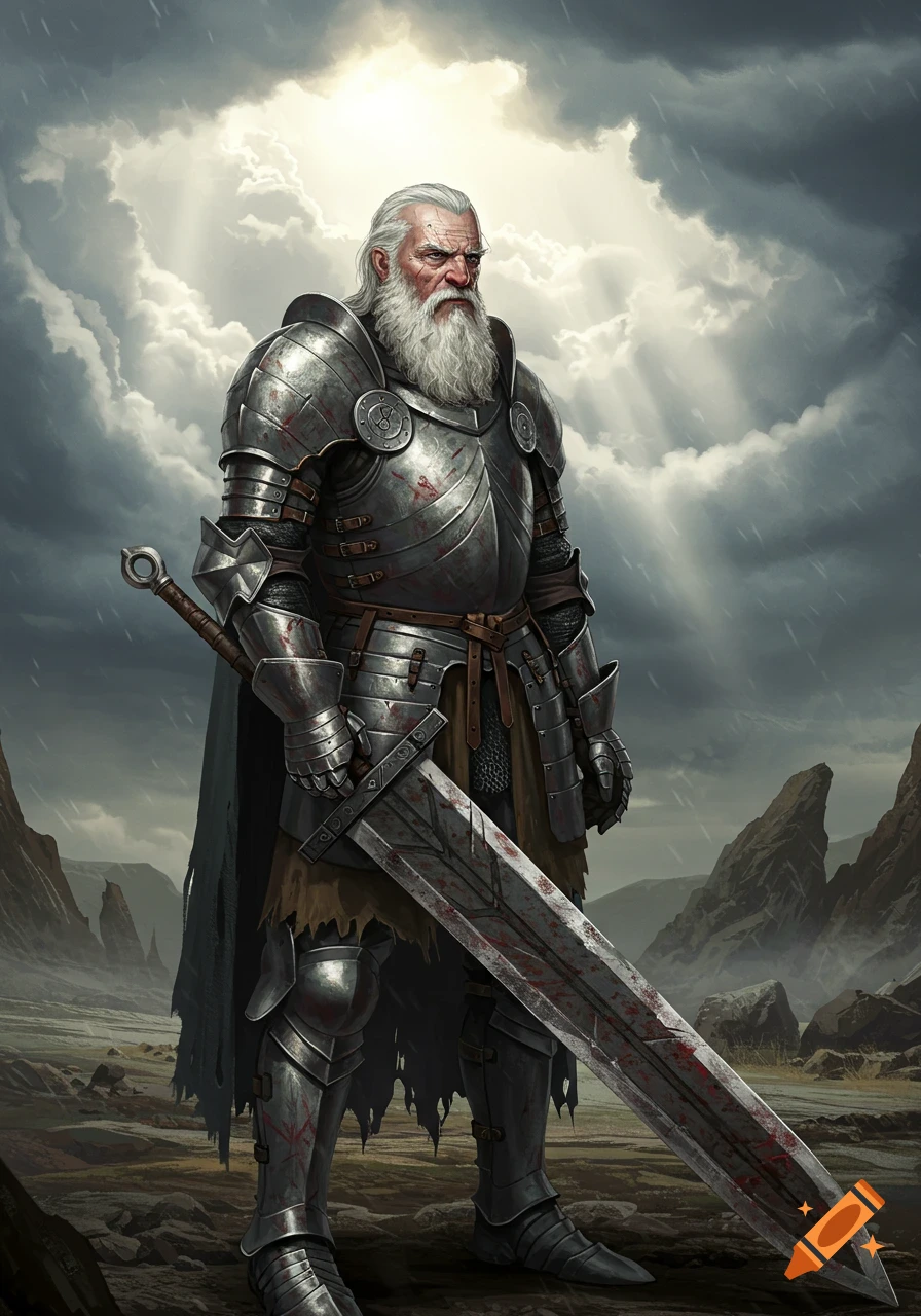 Old knight in detailed armor with a bloody sword standing in a stormy landscape.