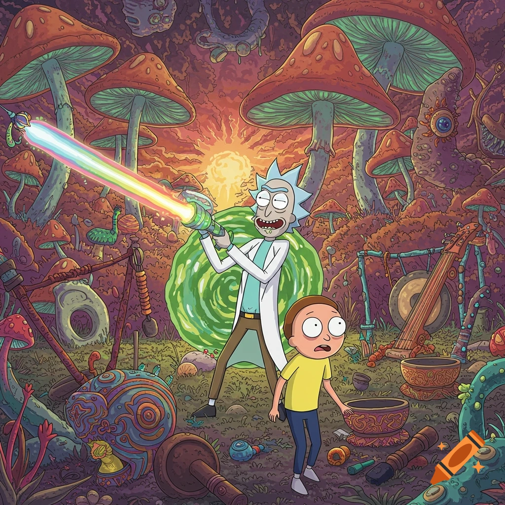 Rick and Morty in a colorful psychedelic mushroom forest, Rick holding a glowing weapon.
