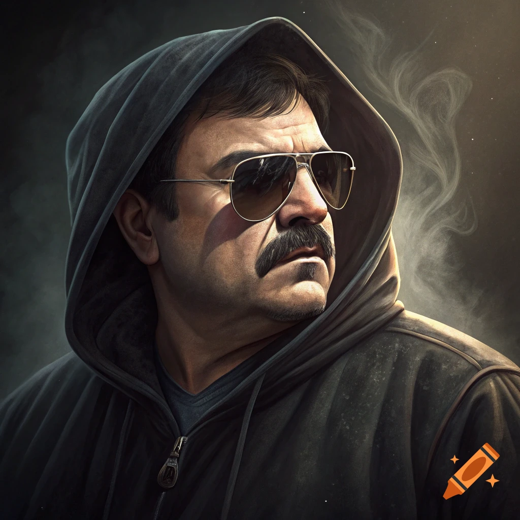 A stern man with a mustache and sunglasses wears a dark hooded jacket ...