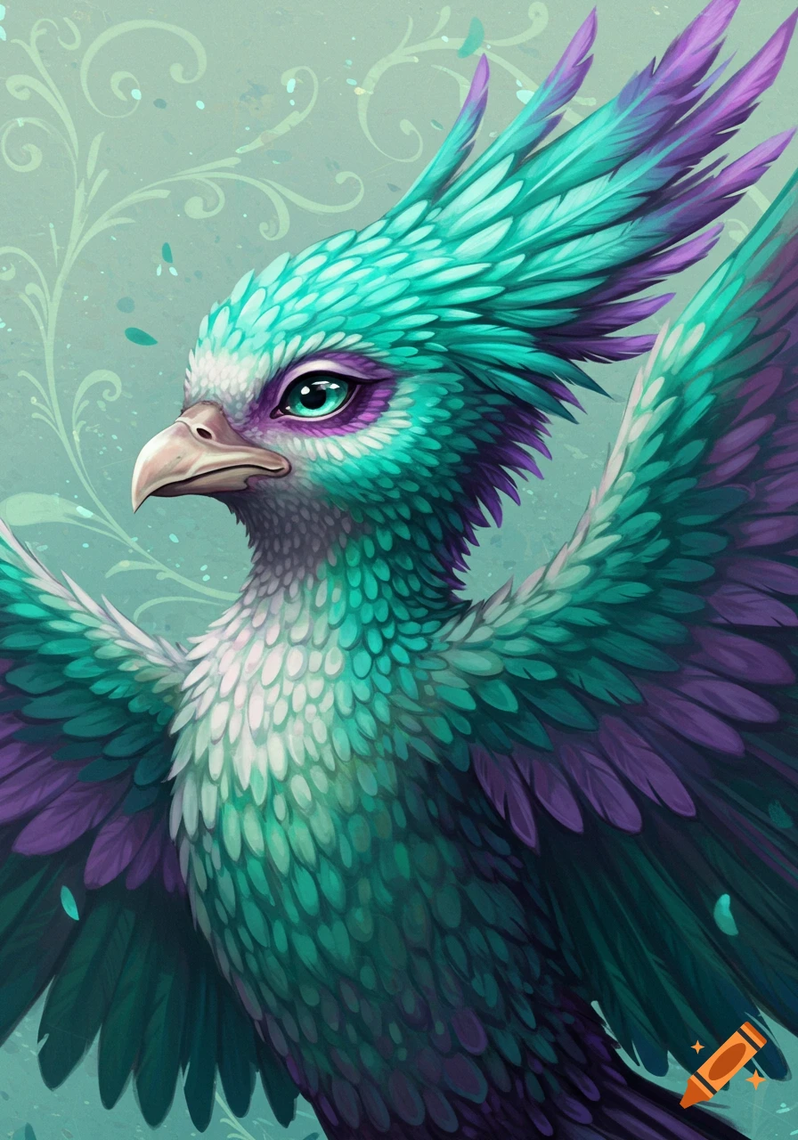 Close-up illustration of a stylized fantasy bird with turquoise and purple feathers.