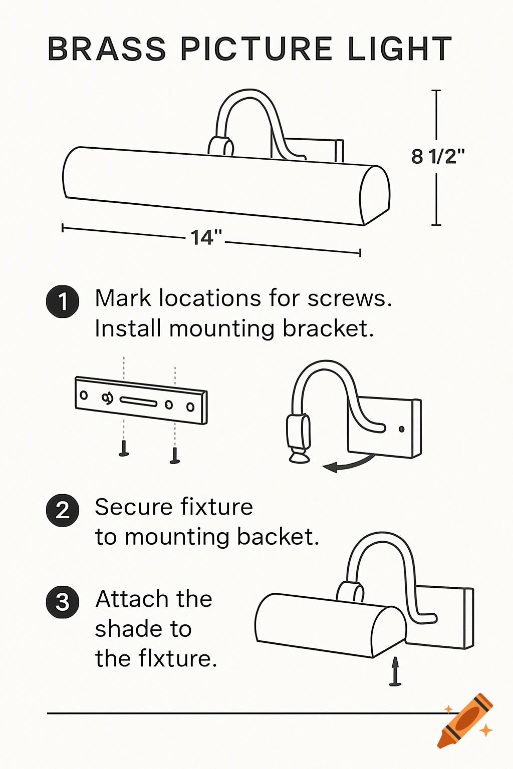Line drawing diagram showing steps to install a brass picture light with measurements.