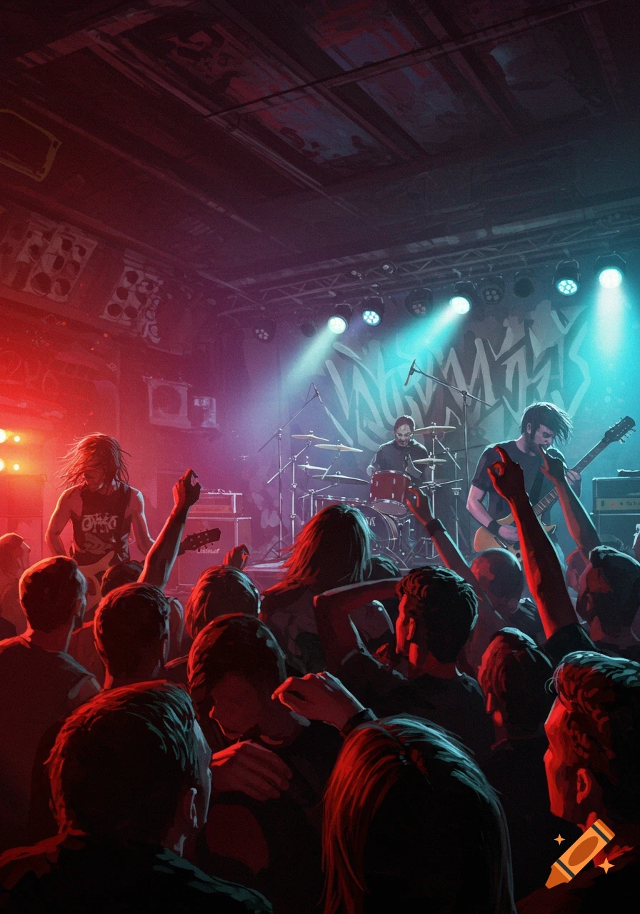 An illustrated scene of a band playing a concert on stage lit by red and blue lights, with a crowd cheering.