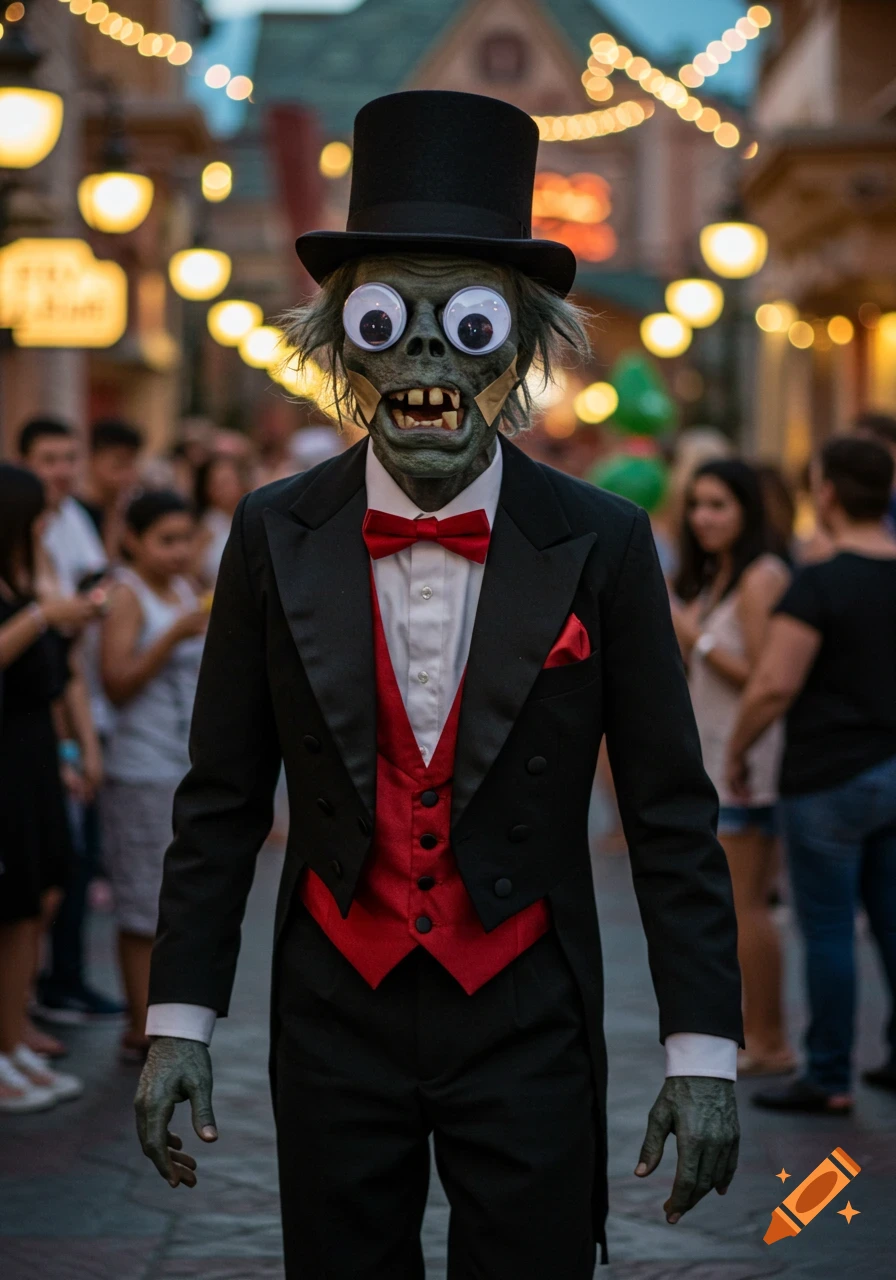 A zombie in a tuxedo and top hat with googly eyes walks in a crowded street.