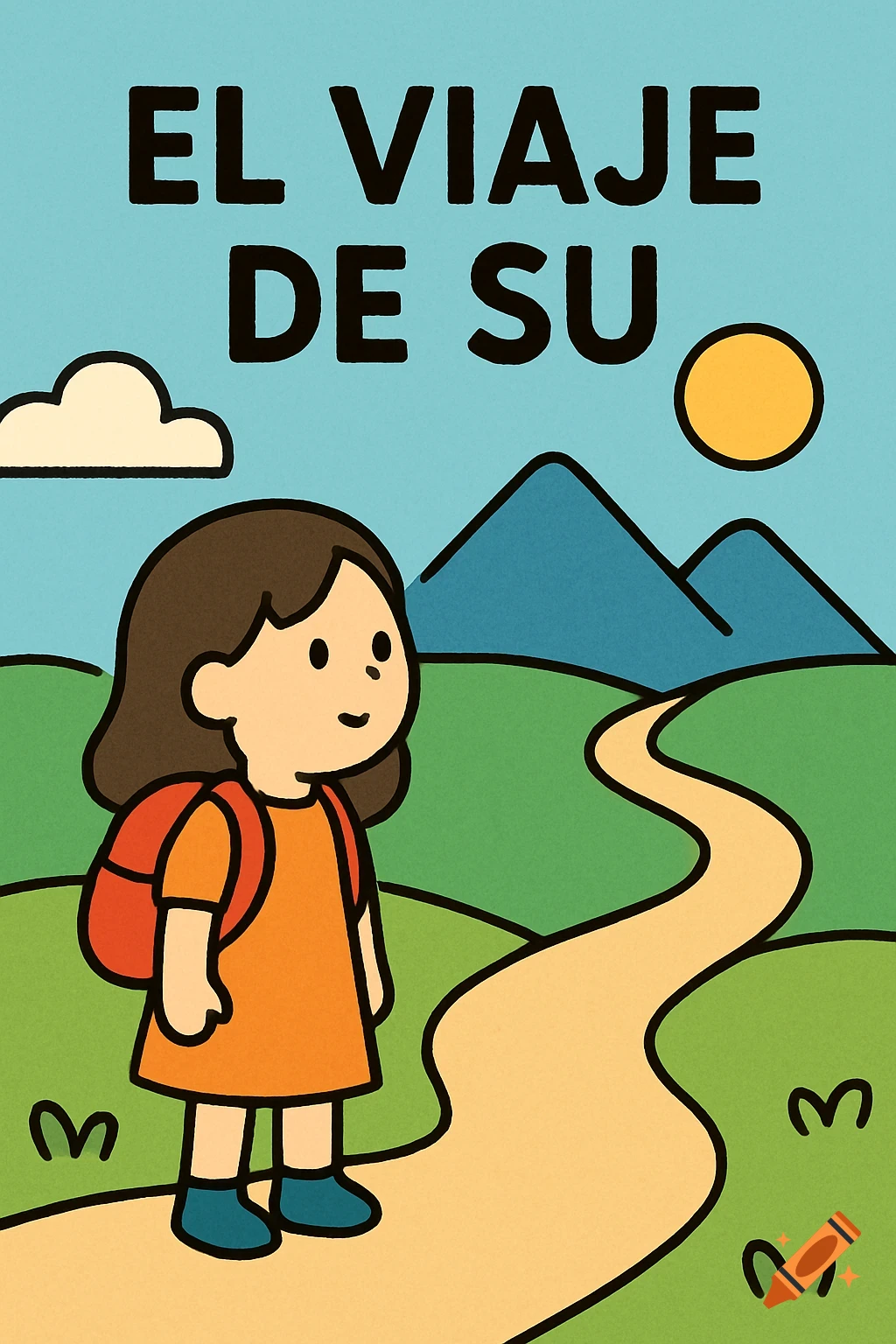 Simple cartoon of a child with a backpack walking on a path towards mountains under a sunny sky with text 'EL VIAJE DE SU'
