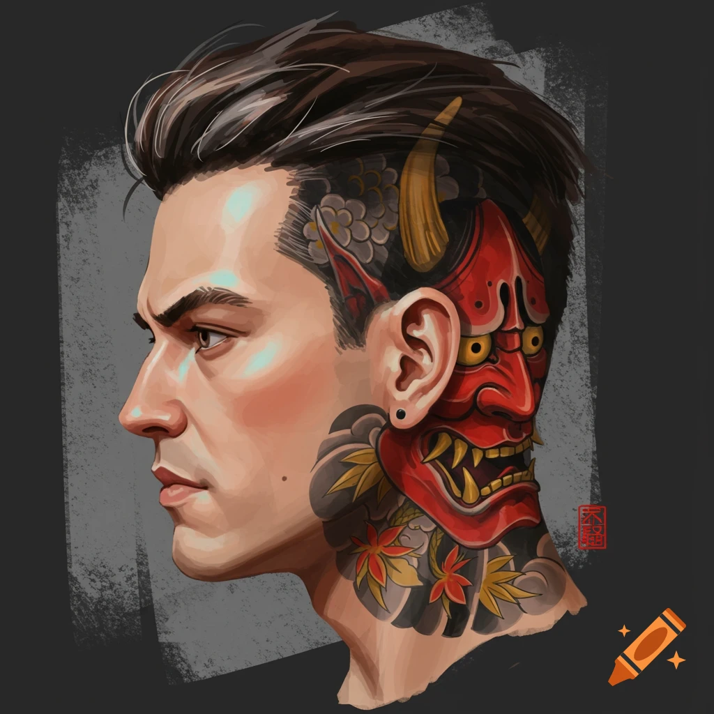 Digital painting portrait of a man with a Japanese Oni mask tattoo on his neck