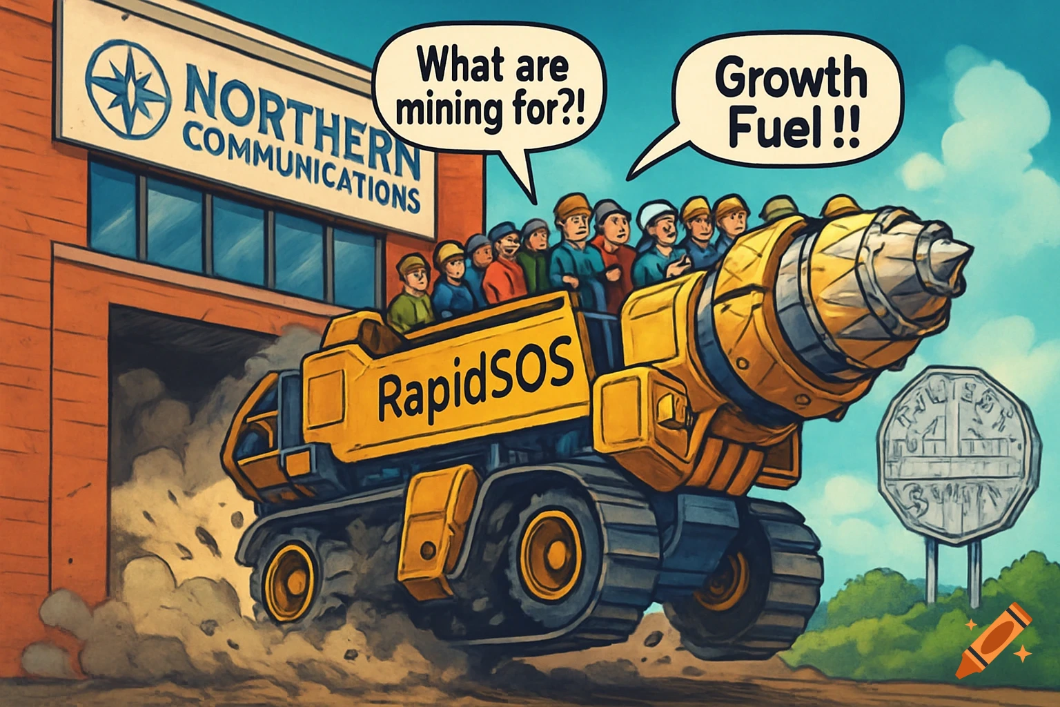 Cartoon of a yellow mining vehicle labeled "RapidSOS" emerging from a building labeled "Northern Communications" with many people. Speech bubbles say "What are mining for?!" and "Growth Fuel !!". A large coin sculpture is in the background.