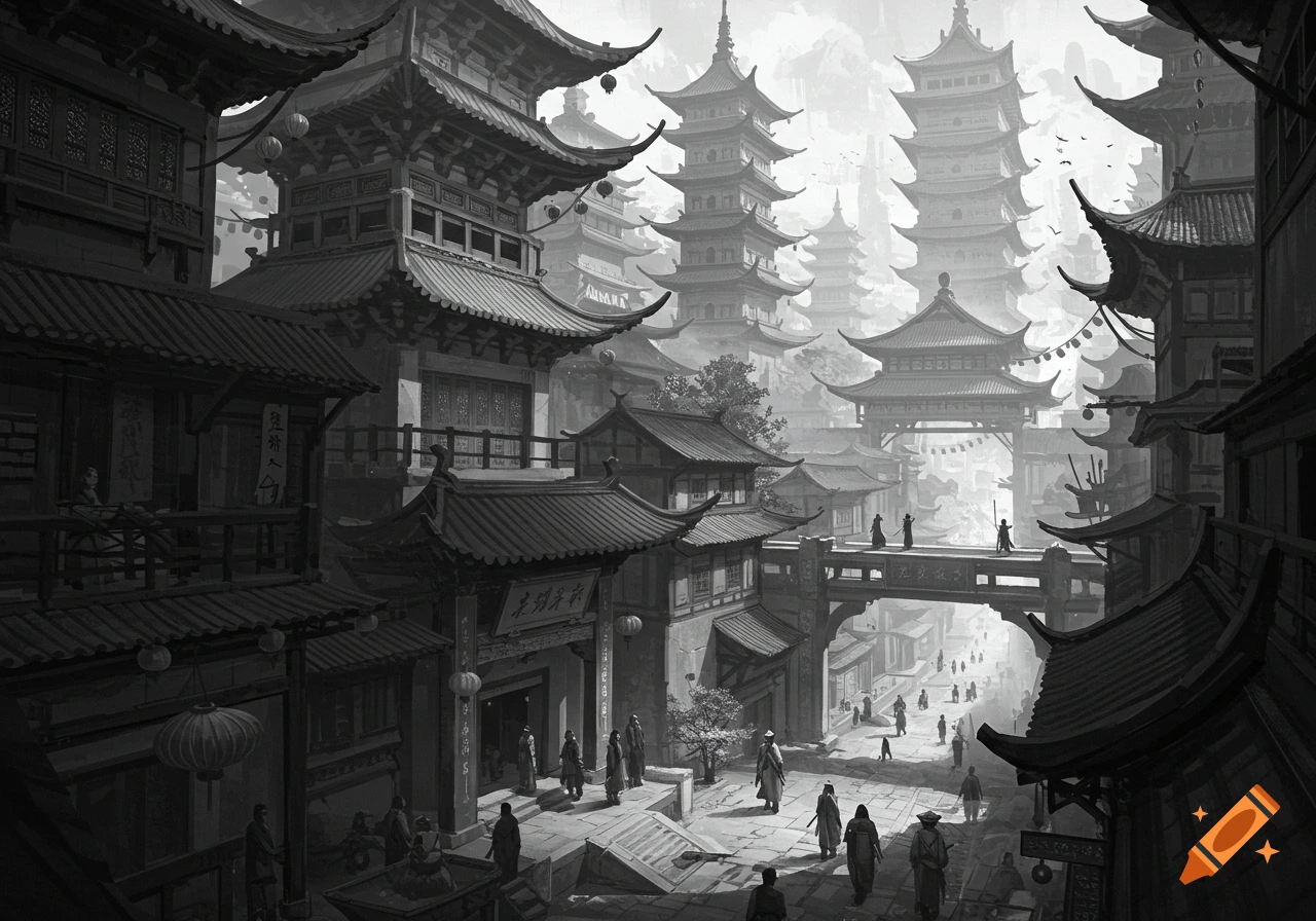 Black and white illustration of a bustling ancient Chinese city with layered pagodas and detailed traditional architecture.