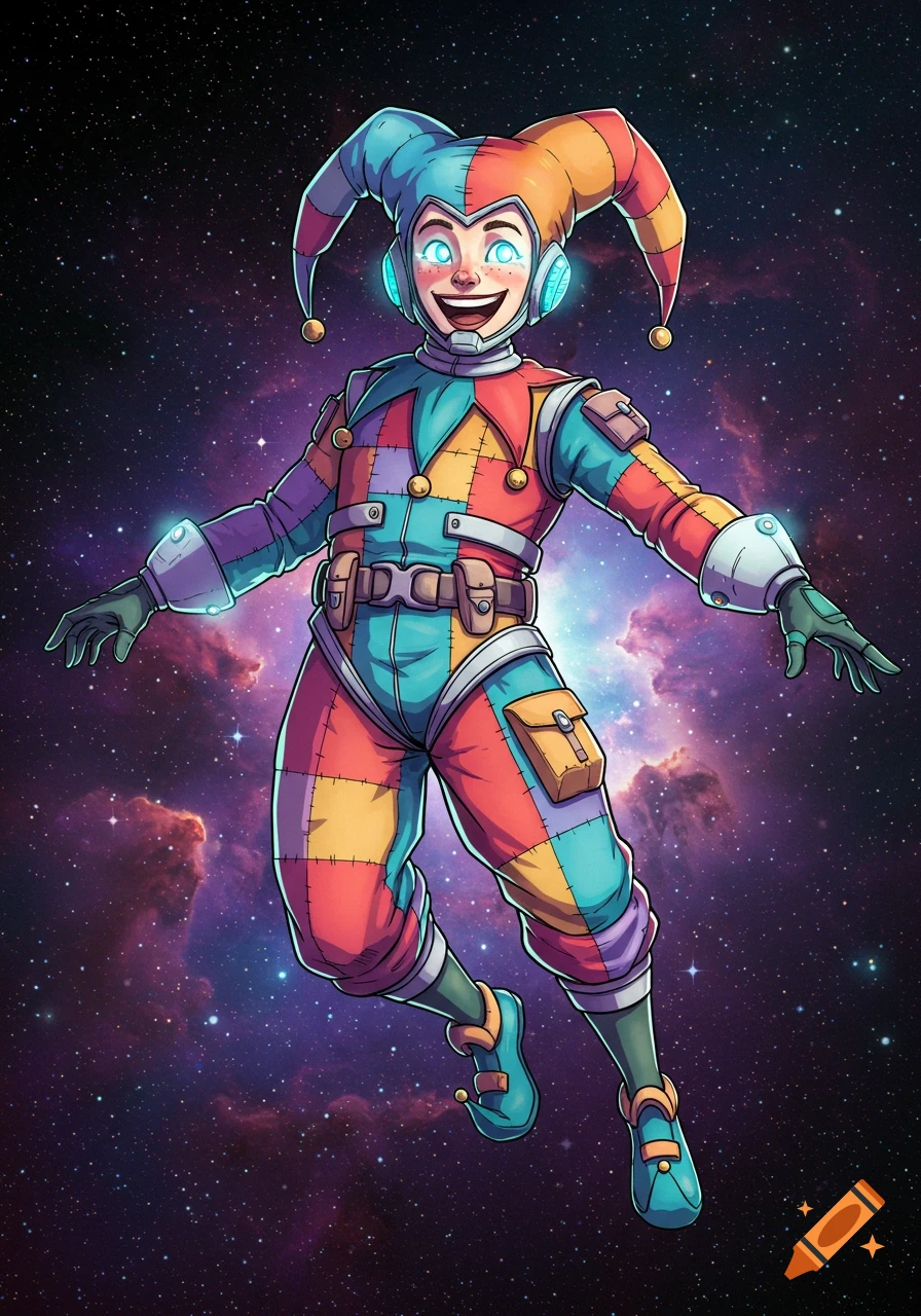 A colorful, stylized illustration of a jester in a patchwork flight suit floating in space with stars and a nebula.