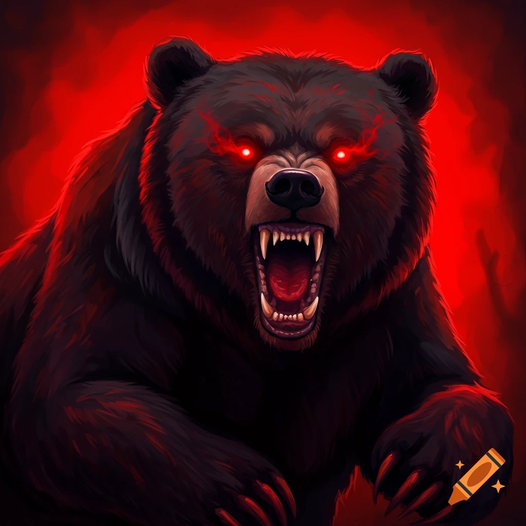 A stylized, aggressive bear with glowing red eyes and claws snarls against a red background.